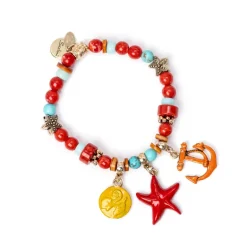 Bracciale elastico con ancora, stella di mare e dischetto Partenope - Multicolor