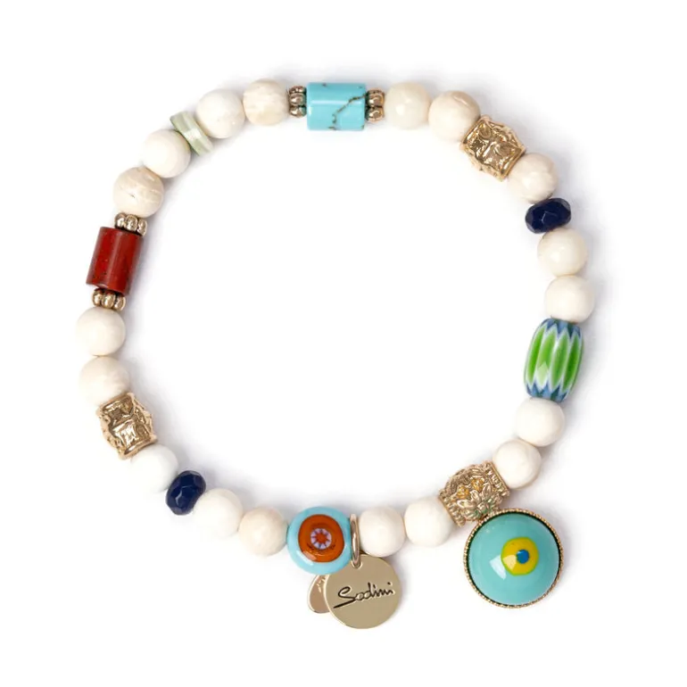 Bracciale elastico con cilindretti decorati e pendente a semisfera Partenope - Multicolor