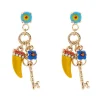 Orecchini con cabochon, chiave e cornetto Partenope - Giallo