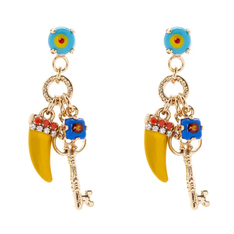 Orecchini con cabochon, chiave e cornetto Partenope - Giallo