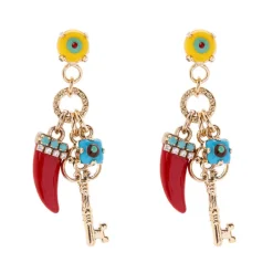 Orecchini con cabochon, chiave e cornetto Partenope - Rosso