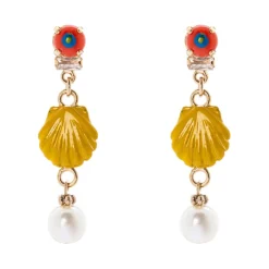 Orecchini con mini cabochon, conchiglia e perla Partenope - Giallo