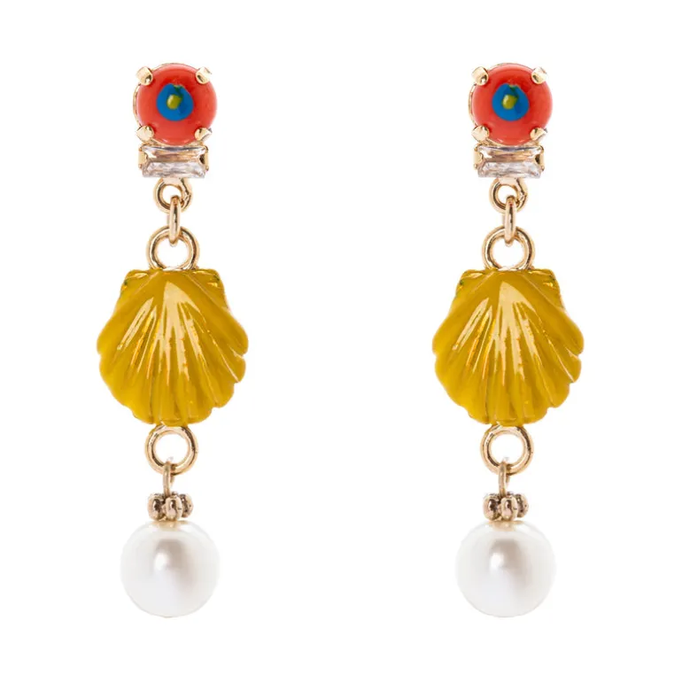 Orecchini con mini cabochon, conchiglia e perla Partenope - Giallo