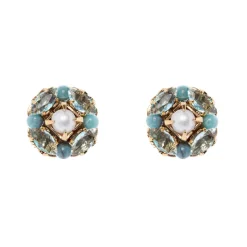 Orecchini con piccolo fiore di cristalli e perla Sirens - Turchese
