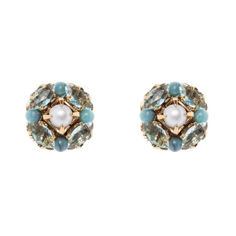 Orecchini con piccolo fiore di cristalli e perla Sirens - Turchese