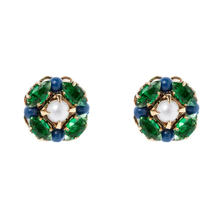Orecchini con piccolo fiore di cristalli e perla Sirens - Blu