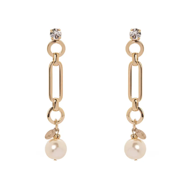 Orecchini strass, catena e perla Kelly - Bianco